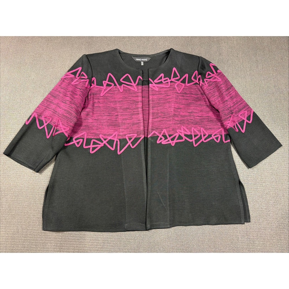 Ming Wang Women's XL Black Purple Knit 3/4 Sleeve Open Sweater Top Embroidered